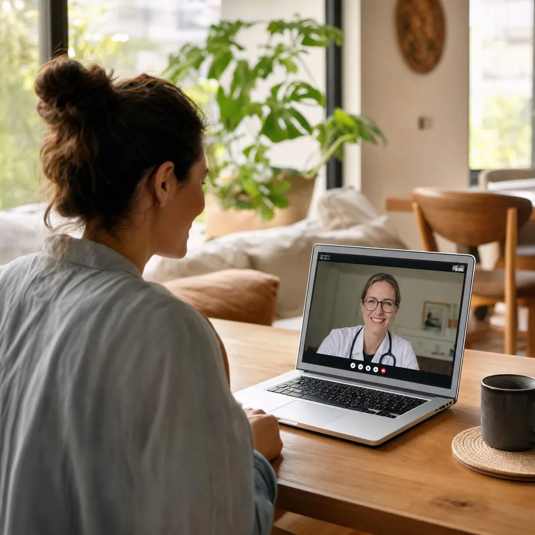 A person at home speaking with a practitioner during a secure video consultation