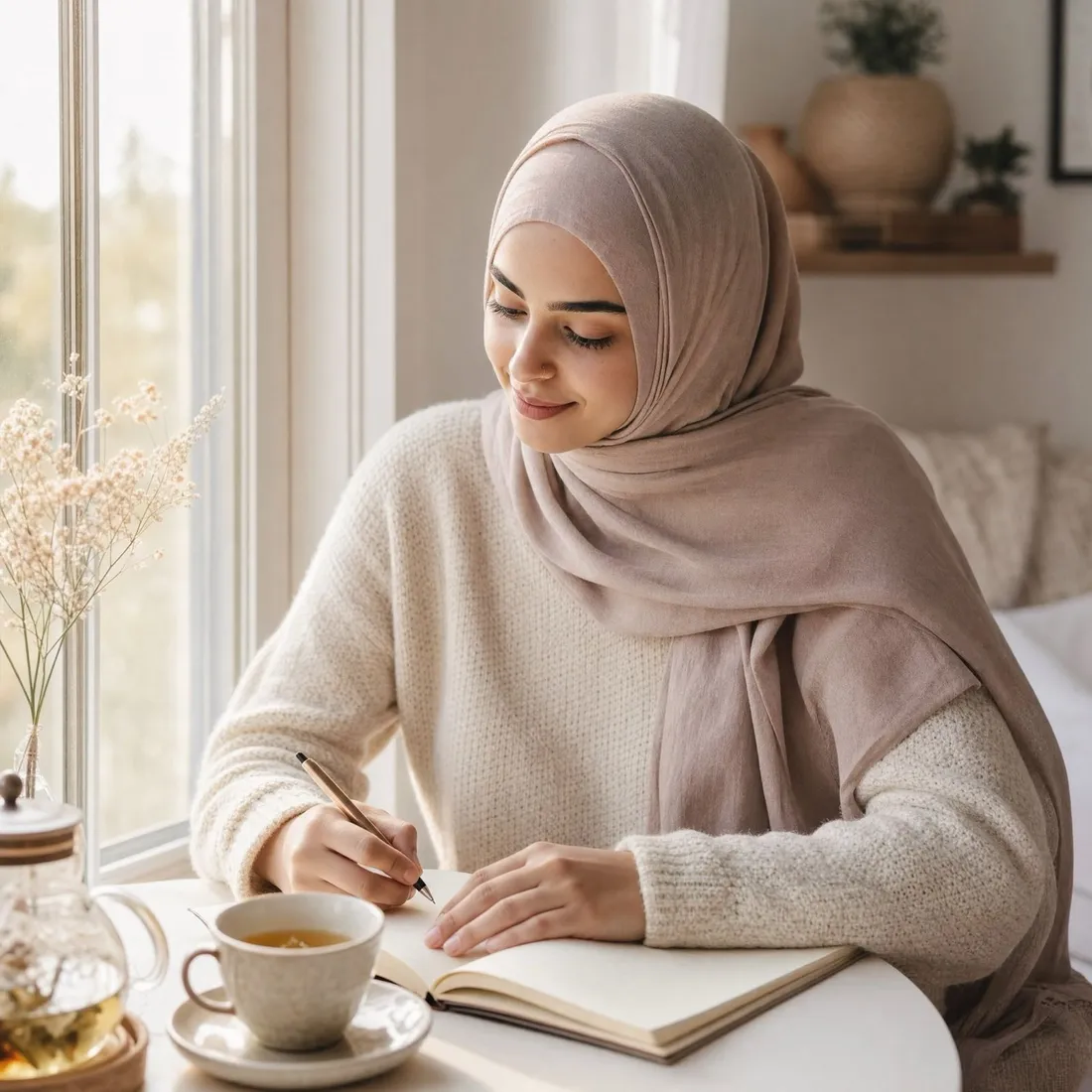 A person journalling calmly by a bright window with a cup of tea